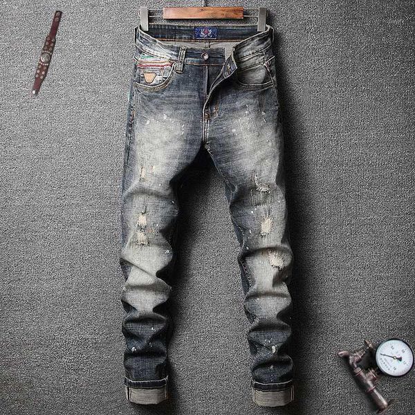 

italian style fashion men jeans slim fit retro wash destroyed ripped jeans men streetwear vintage designer1, Blue