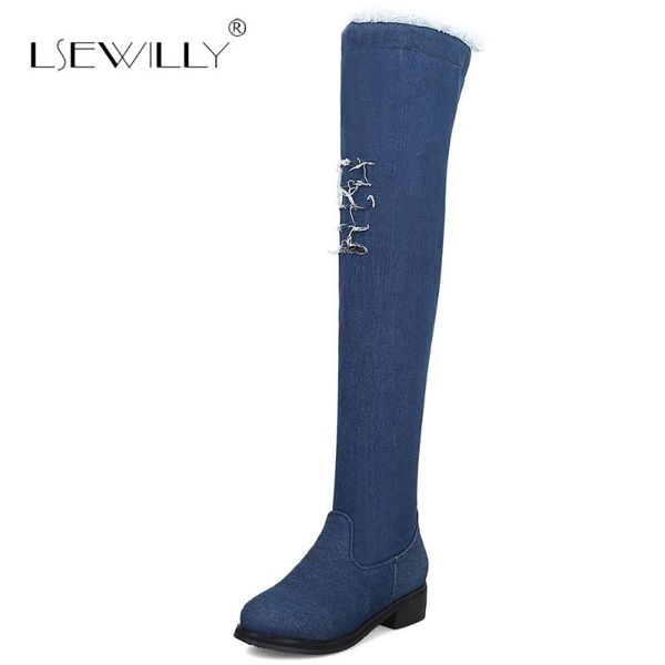 

boots lsewilly plus size 32-48 women thick heels zipper warm denim shoes winter over knee fashion e150, Black