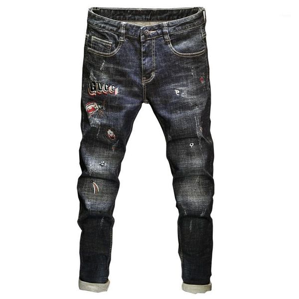 

povote 2020 new men's dark embroidered jeans men's korean trend brand straight leg leggings spring and autumn slim pants men1, Blue