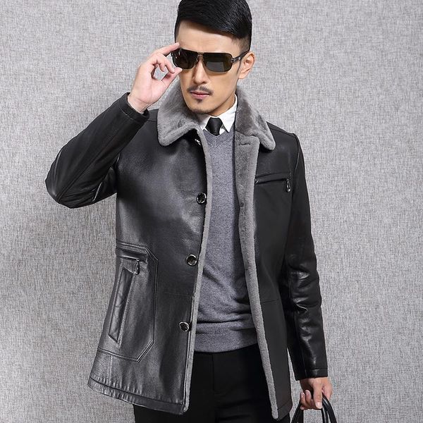 

men's leather & faux luxury men's genuine coat fur one sheepskin jacket men first layer sheep skin mens winter jackets1, Black