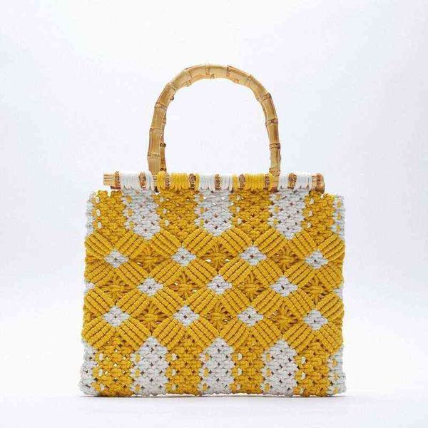 

shopping bags cotton woven retro handmade flower handbags bamboo handle hand yellow large capacity tote beach travel straw 220303