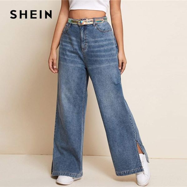 

women's jeans shein plus size slant pocket split hem without belt women autumn denim wide leg long pants casual, Blue