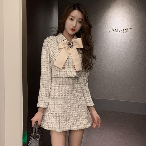 

fifichuyi элегантные плещи tweed outfits 2 шт. дамы большой бантик короткая куртка + без рукавов мини-жилет платье женское 2 шт. платье, Gray