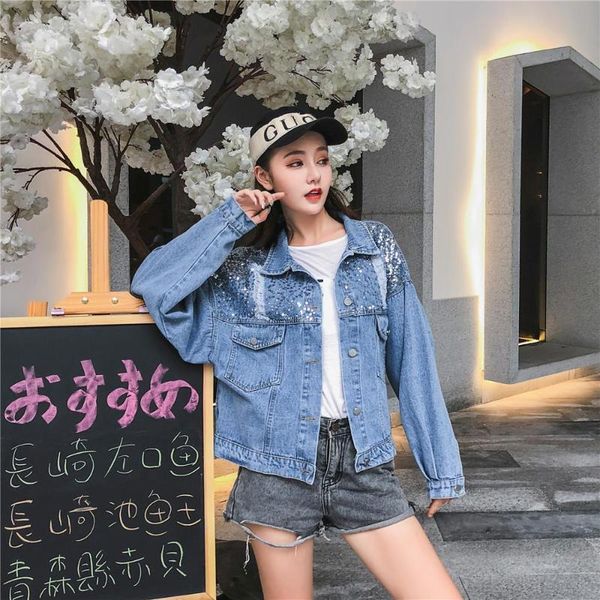 

women's denim jacket european sequin long sleeve loose coat hole short jacket blue black streetwear retro motorcycle autumn, Black;brown