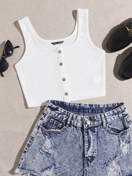 

button front rib-knit tank d02k#, White
