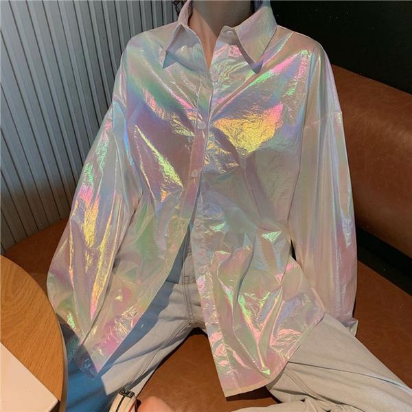 

new come transparent laser symphony sunscreen pocket jersey jacket clear jacket iridescent rainbow hologram shirt blouse coat, Black;brown