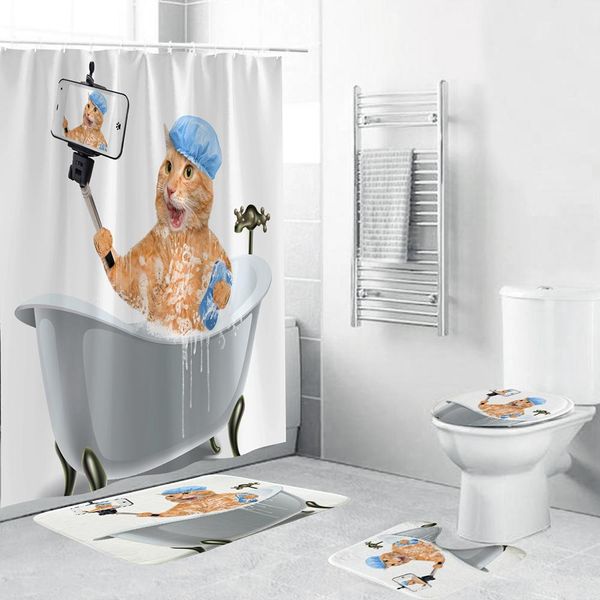 

funny cat shower curtain 4 piece bathroom set carpet cover toilet cover bath mat pad waterproof durable fabric for home decor bbykog