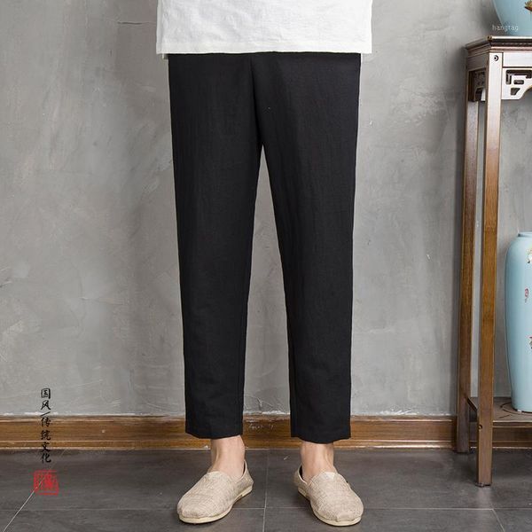 

men's spring summer cotton linen casual pants male chinese style loose solid color pant trousers1, Black