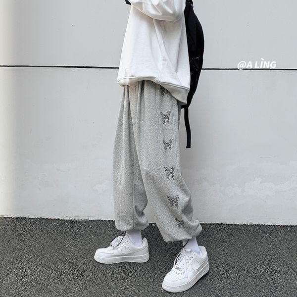

2020 autumn new three color butterfly embroidery waist binding casual pants for men's loose straight tube teenagers' capris