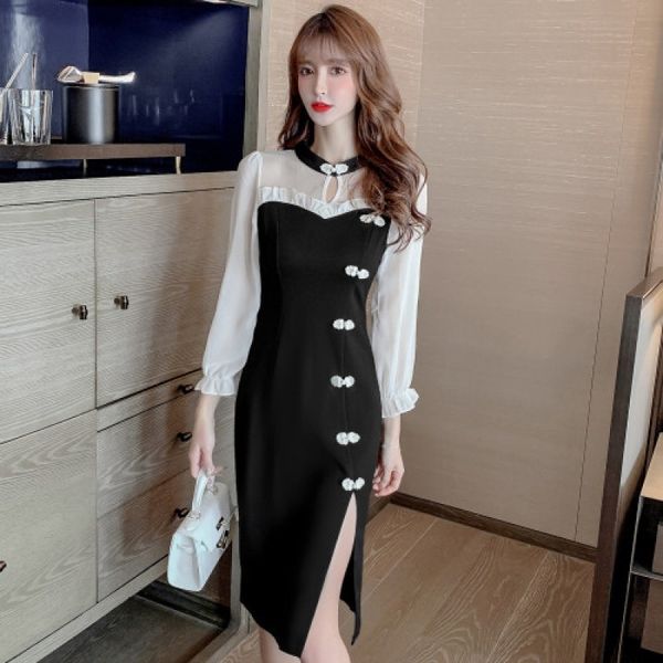 

segyz slim new slim cheongsam dress and autumn medium length improved cheongsam long sleeve temperament dress c4ke4, Black;gray