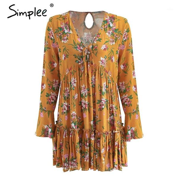 

simplee lace up floral print dress women long sleeve ruffle loose short dress 2020 spring casual summer female streetwear1, Black;gray