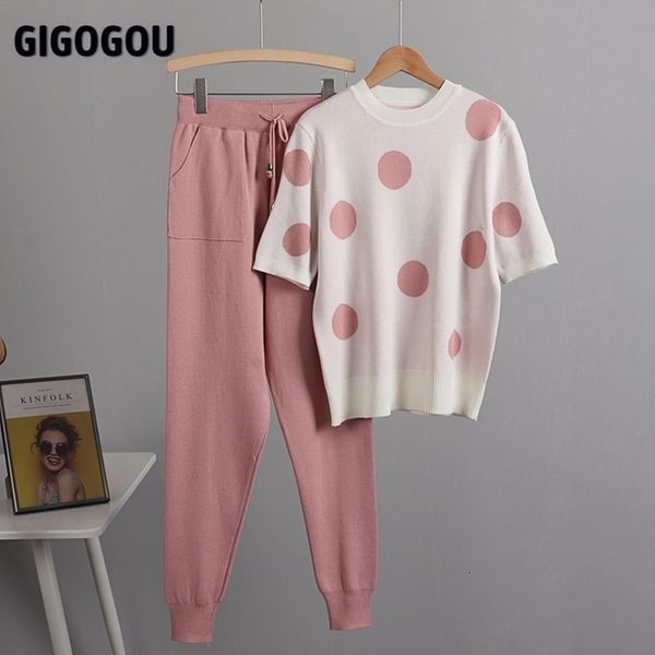 

2021 new spring polka dot printed 2 piece set women short sleeve knitted sweater female + pants suit summer tracksuits wbsn, White;black