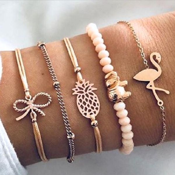 

s1795 fashion jewelry bracelet set bowknot flamingo elephant beaded chain bracelets 5pcs/set, Golden;silver
