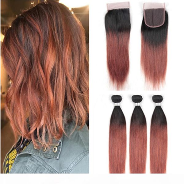 

ombre dark auburn malaysian hair wefts with closure straight #1b 33 reddish brown human hair weave bundles with lace front closure 4x4, Black;brown