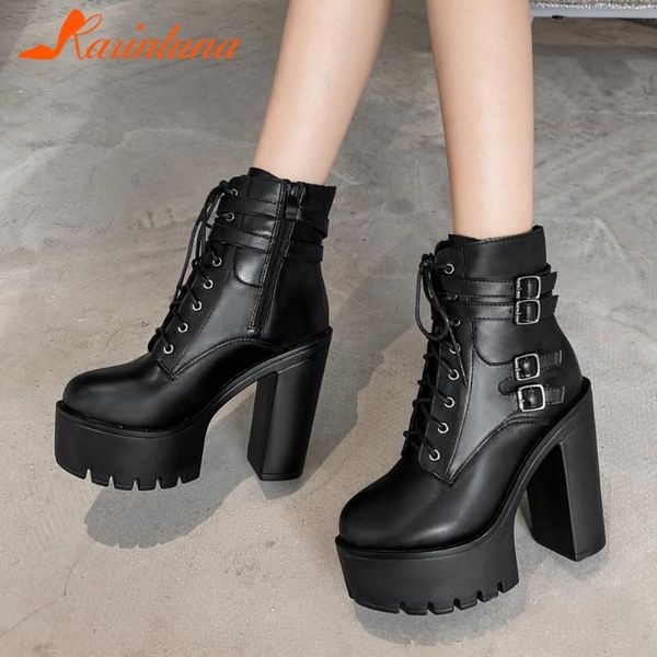 

female boots comfy square heel square toe zip solid super high heel ankle boots with buckle platform women large size 40, Black
