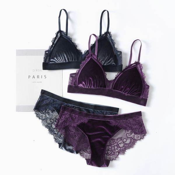 

new 5 colors velvet thin bra with pad and transparent panties sets adjustable bralette underwear women sleepwear 210122, Red;black