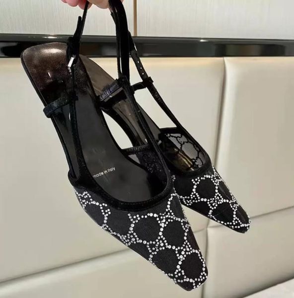 

women's g slingback sandals pump rhinestone mesh sandal crystals sparkling motif back buckle closure, Black