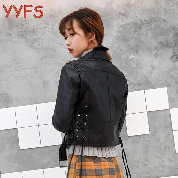 

women faux leather jackets belt 2020 new short motorcycle pu jacket autumn biker streetwear black slim drawstring basic coat
