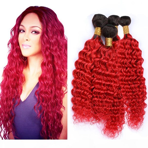 

peruvian bright red ombre deep wave human hair bundles 4pcs #1b red black roots ombre deep wavy virgin hair weave wefts mixed length, Black;brown