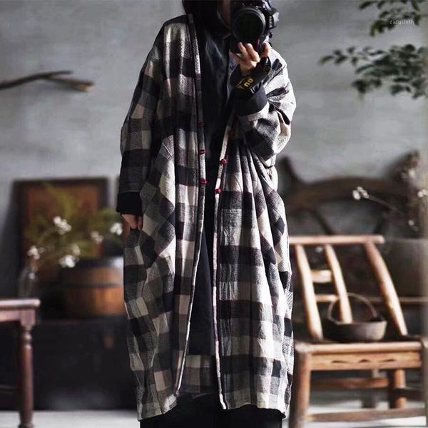 

fairy natural ladies retro cotton linen plaid trench coats 2020 spring fall casual women v-neck long trench pocket full sleeve1, Tan;black