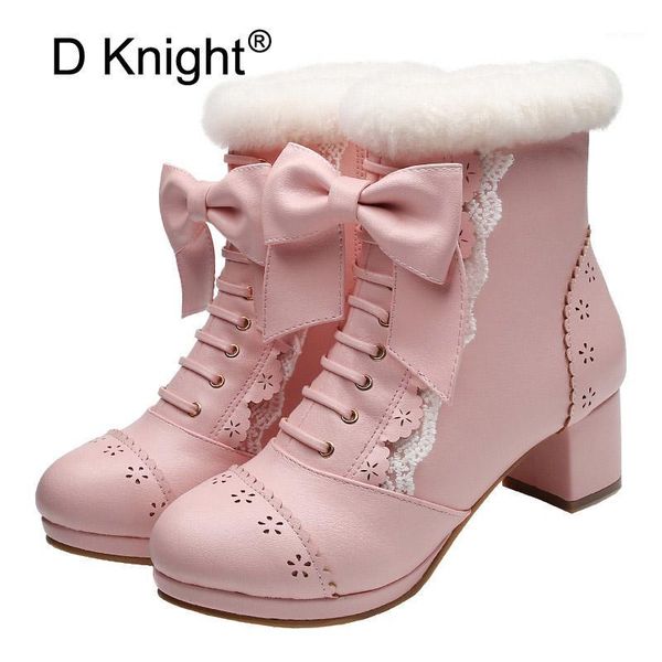 

sweet bow round toe lolita snow boots shoes woman winter square high heel pu leather platform ankle boots for women plus size 401, Black