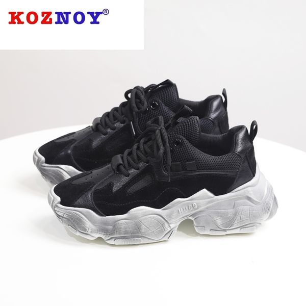 

koznoy sneakers women autumn winter thick bottom dropshipping fashion breathable mixed colors mesh lace causal women shoes y200424, Black