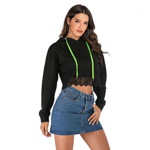 

women's hoodies & sweatshirts 2021 women's hooded clothes loose lace exposed navel female short section long sleeve fashion thin s, Black