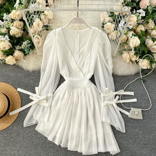 

women 2020 new fashion autumn deep v-neck high waist thin irregular chiffon dress lady solid color elegant vestidos p6371, Black;gray