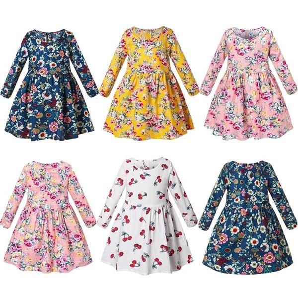 

spring autumn children dresses for girls long sleeve cotton kids clothes flower print baby clothing girl, Red;yellow