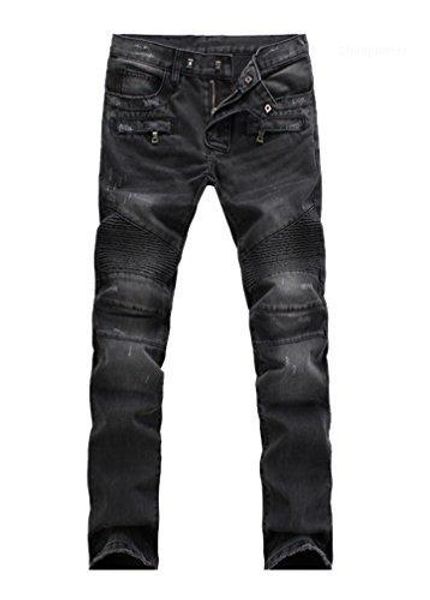 

men's jeans lavnis men's slim fit vintage distressed motorcycle runway biker denim, Blue