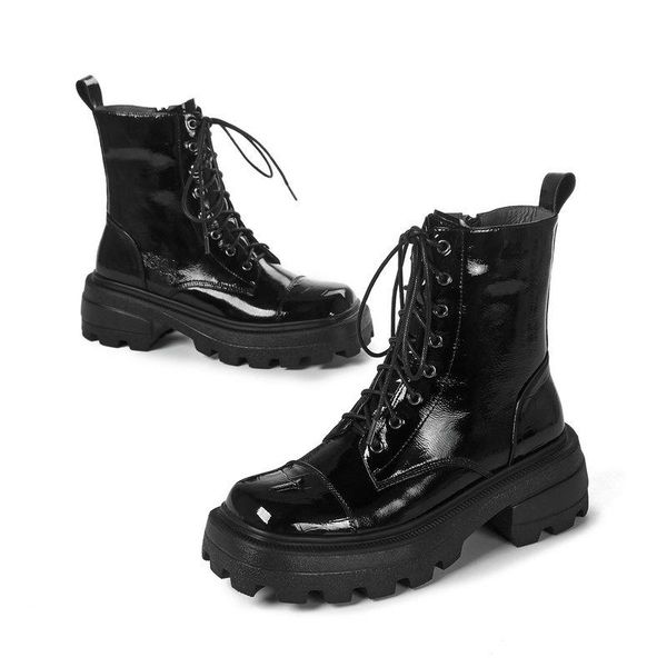 

elegant platform genuine leather female boots leather side zipper retro chunky heels pumps party casual shoes woman, Black