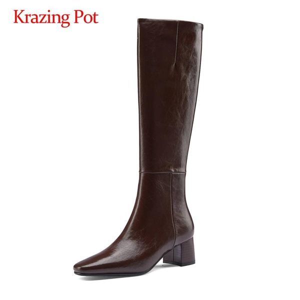 

krazing pot equestrian boots split leather winter handmade square toe thick high heel back zipper young lady knee-high boots l78, Black