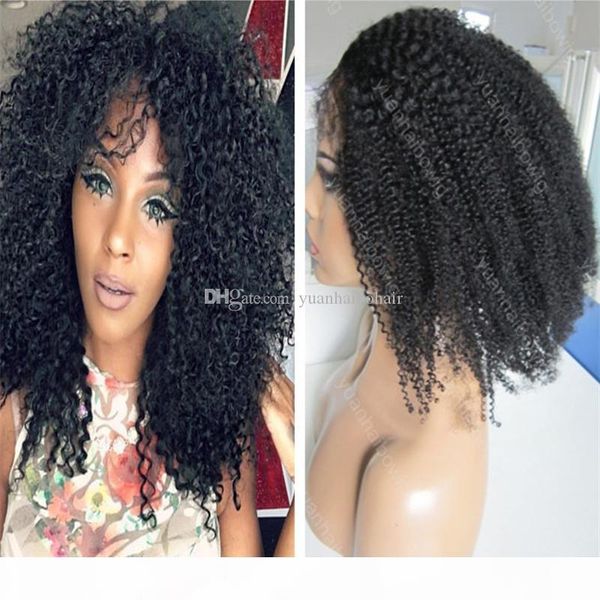 

full thin skin wig 1b kinky curly indian virgin hair pu wig for black women ing, Black;brown