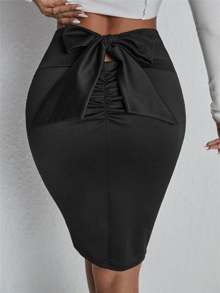 

solid bow back ruched pencil skirt a9mn#, Black