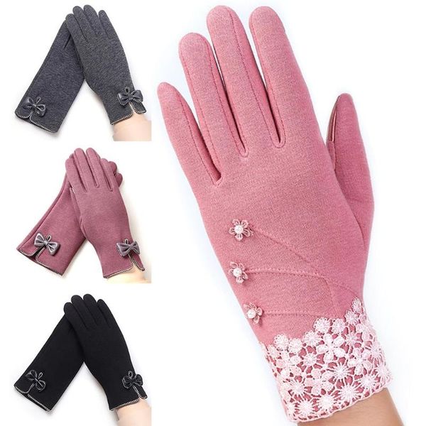

arrowhead five fingers gloves winter fashion women floral bowknot touch screen warm outdoor cycling stretch knit mittens guantes, Blue;gray