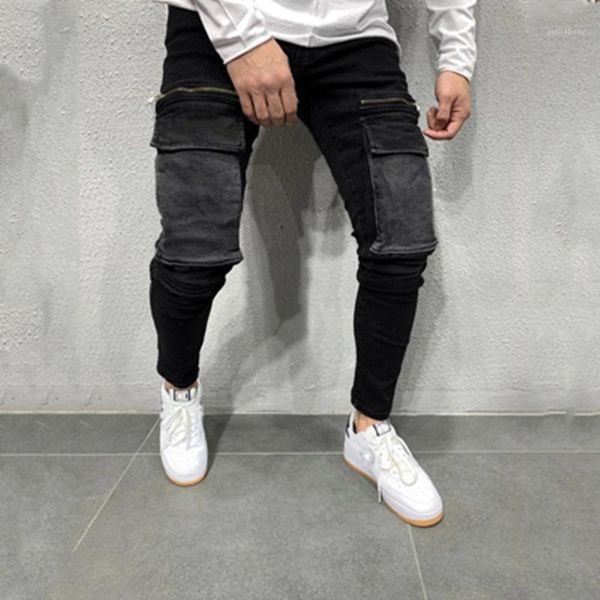

male new skateboard casual slim trousers mens zipper skinny jeans fashion trend big pocket zipper high street denim pencil pants spring, Blue