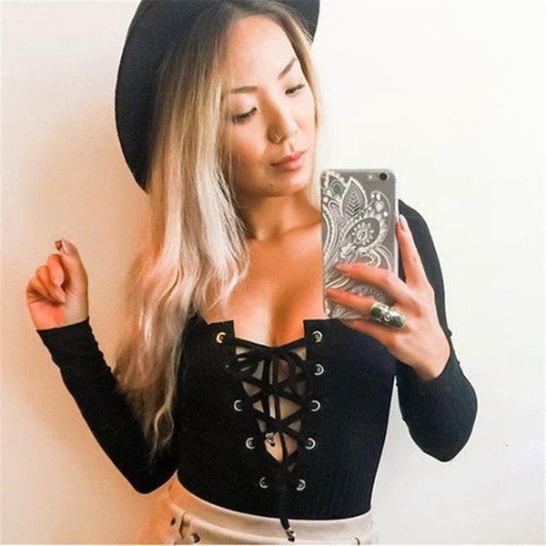 

2019 girls new fashion solid lace up bodycon bodysuit v-neck long-sleeve bandage romper leotard knitted bodysuits hot, Black;white