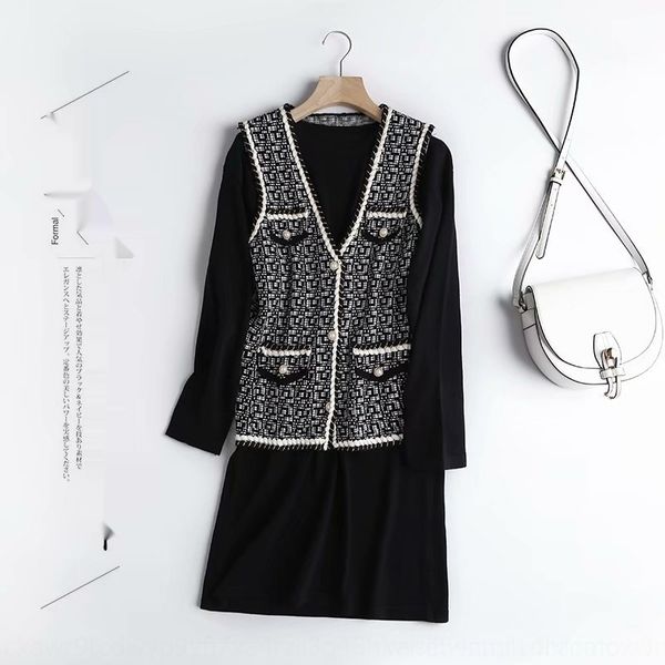 

zzly8 a0xm-2126 korean women's 2020 clothing autumn new skirt vest dress vest graceful long skirt long skirttwo-piece suit 0clb1, Black;gray
