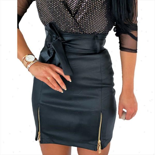 

women pu leather pencil skirt summer black bodycon high waist mini bottoms bowknot zipper solid slim short vestidos
