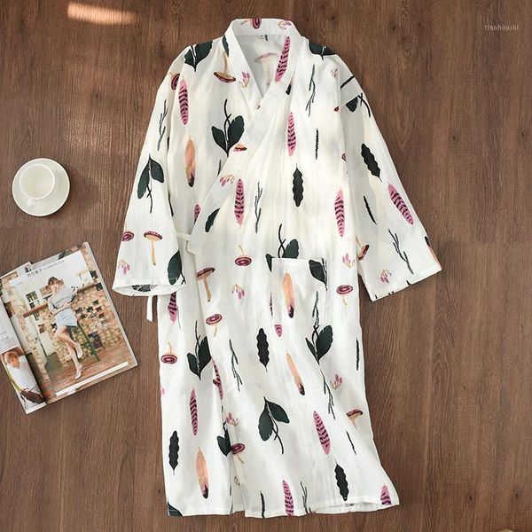

summer fresh leaf kimono robes women bathrobes 100% gauze cotton thin casual female floral nightgowns japanese robes night robe1, Black;red
