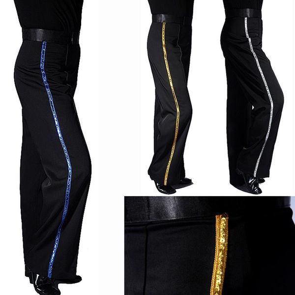 

stage wear latin dance pants blue gold silver sequins side strips black trousers men tango cha salsa samba performance clothing dn4320, Black;red