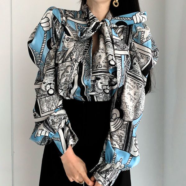 

2021 new women's large-size shirts graffiti pattern bow collar puff retro-loose blouse lace to female shirt spring 181w, White