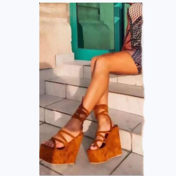 

shofoo shoes,elegant ladies sandals, suede, about  cm waterproof platform, 20 cm wedges sandals, lacing sandals. size:34-46, Black