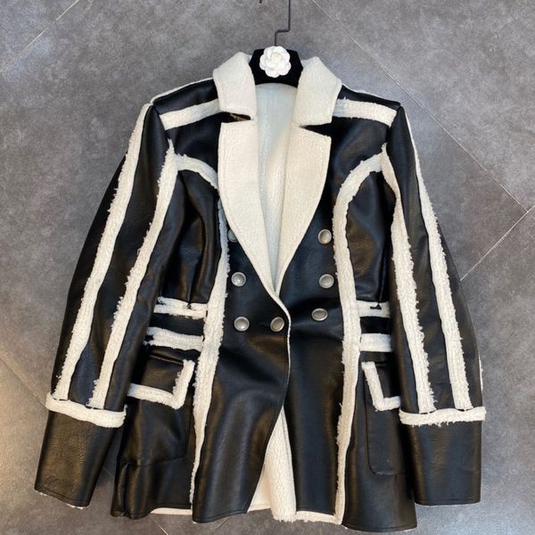 

deat winter women new fashion lapel long sleeve office lady triple breasted pockets decoration fur imitation pu coat rc461 201030, Black