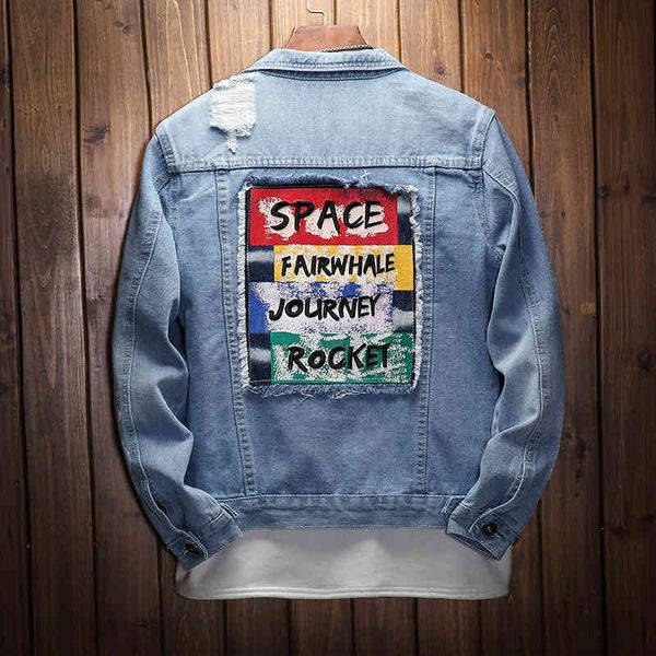 

men's jackets denim 2021 hole sky blue slim sticker letter embroidery trend, Black;brown