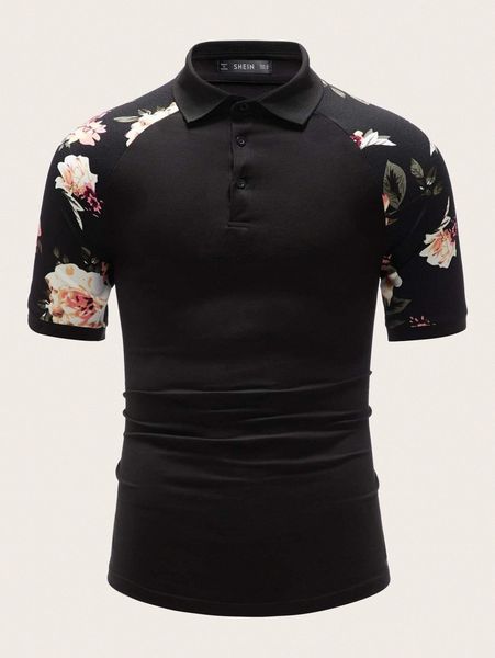 

men floral print raglan sleeve polo shirt l59d#, White;black