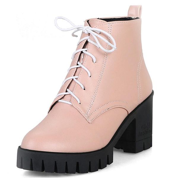 

rock shoes woman women's rubber boots platform leather booties round toe lace up rain large size pink high heel ladies, Black