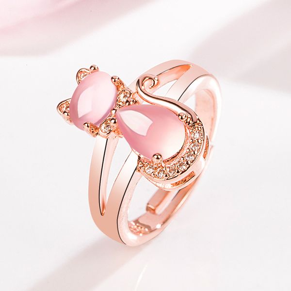 

korean style pink crystal ring women's diamond ross quartz cat ring cute open fashion, Silver