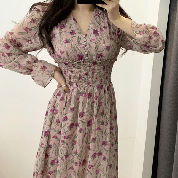 

flower dress women floral chiffon vestidos maxi vestido beach spring pink korean long sleeve v neck ropa mujer sukienki, Black;gray
