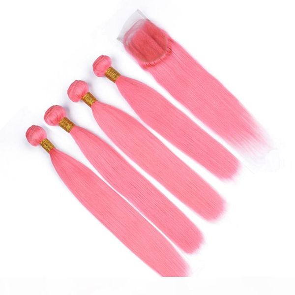 

silky straight malaysian pure pink human hair bundles deals 4pcs with closure 5pcs lot pure pink lace front closure 4x4 with weaves, Black;brown